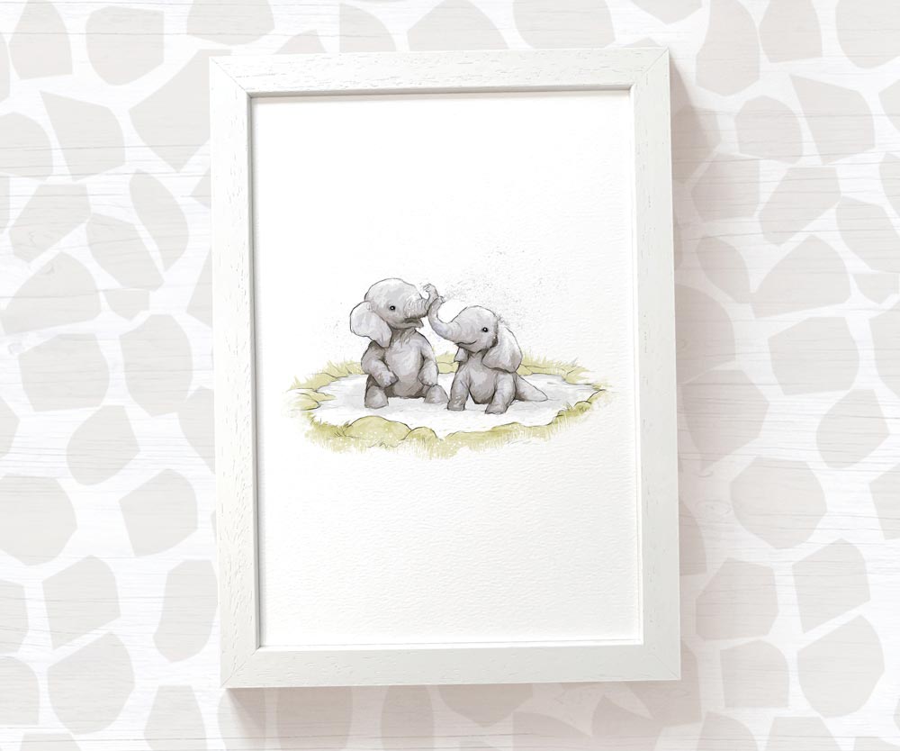 Newborn Baby Shower Gift Safari Nursery Decor Kids Animal Wall Art Elephant Print First Birthday Framed