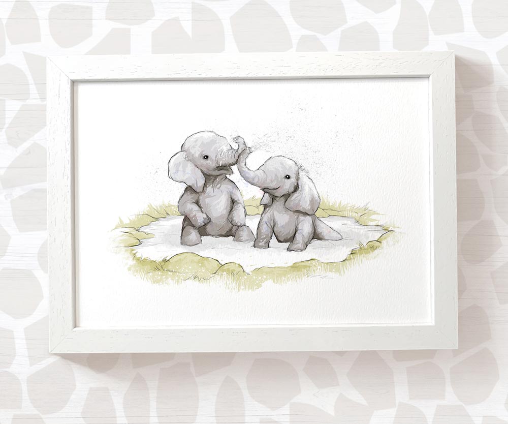 Twin Baby Gift Safari Nursery Decor Childrens Animal Wall Art Elephant Print Playroom Newborn First Birthday
