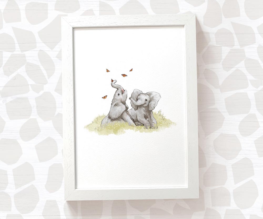 Newborn Baby Shower Gift Safari Nursery Decor Kids Animal Wall Art Elephant Print First Birthday Framed