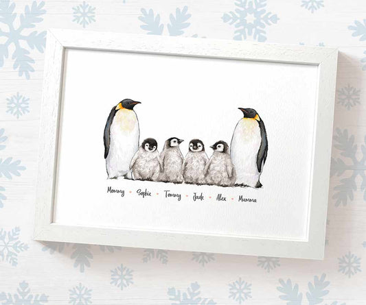 White framed A4 family portrait of 6 penguins with personalised names for the perfect birthday gift for mum