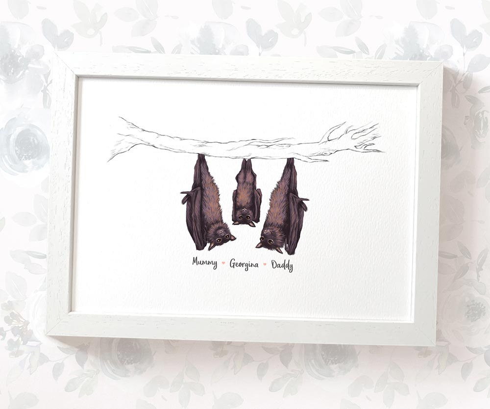 White framed A4 bat family portrait with personalised names for the perfect birthday gift for mum