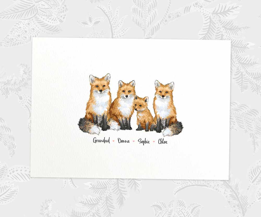 Fox family portrait with grandad and grandchildren personalised with names for the best grandparents gift