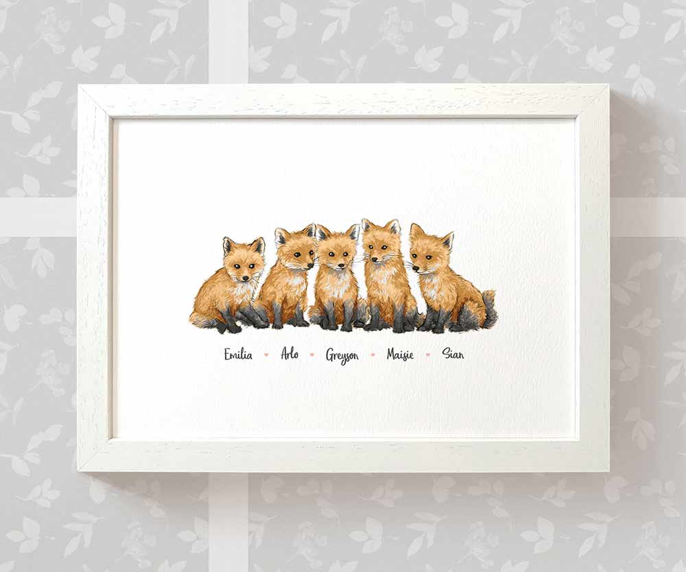 Five baby foxes framed A3 family print with names for a unique baby shower gift