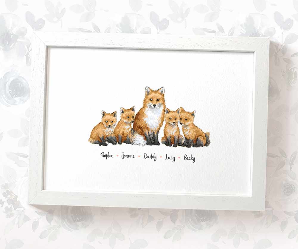 Fox A3 framed family print featuring dad and 4 children with names beneath for a unique fathers day gift