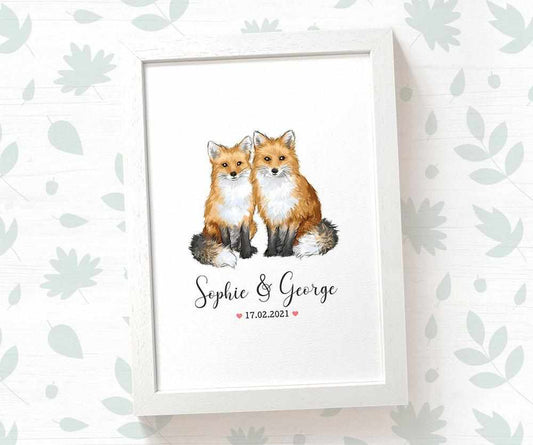 Fox Couple A4 Framed Print Personalized With Names And Date For An Exceptional First Anniversary Gift Idea