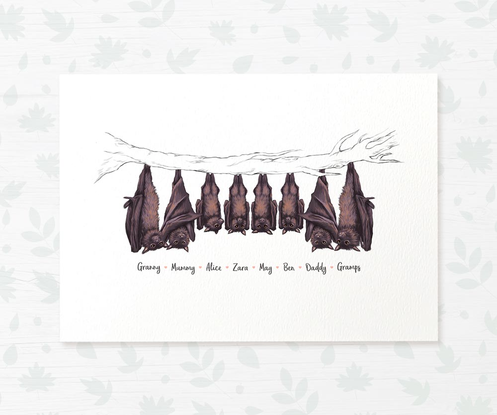 Bat family portrait featuring grandma and grandad with grandchildren and personalised names for the best grandparent gift