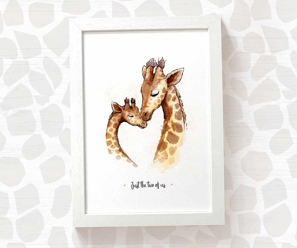 Giraffe mother and baby print with any message displayed in an A4 white wood frame for a thoughful gift for mum