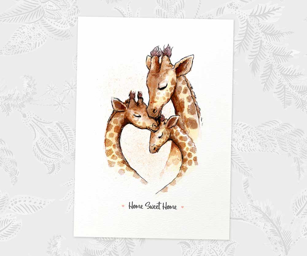 Giraffe family art print personalised with a message for a special mothers day present