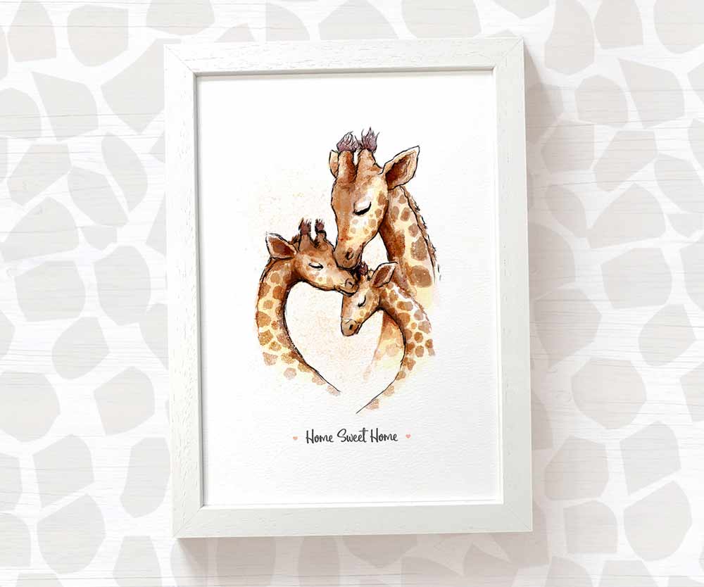 Giraffe family print personalised with message and displayed in an A4 white wood frame for a thoughful gift for mum