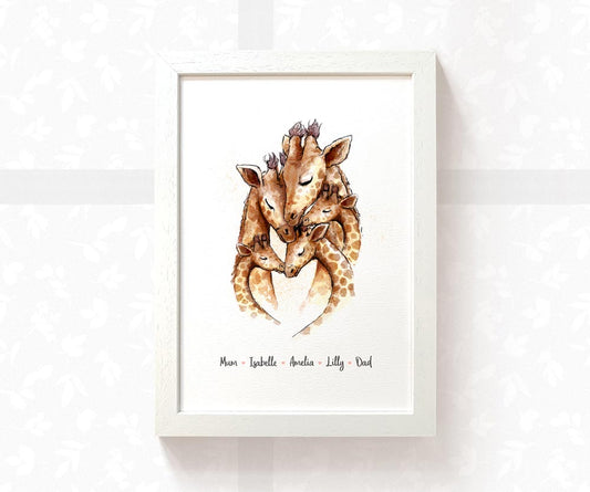 Giraffe family of 5 portrait personalised with names displayed in an A4 white wood frame for a thoughful gift for mum