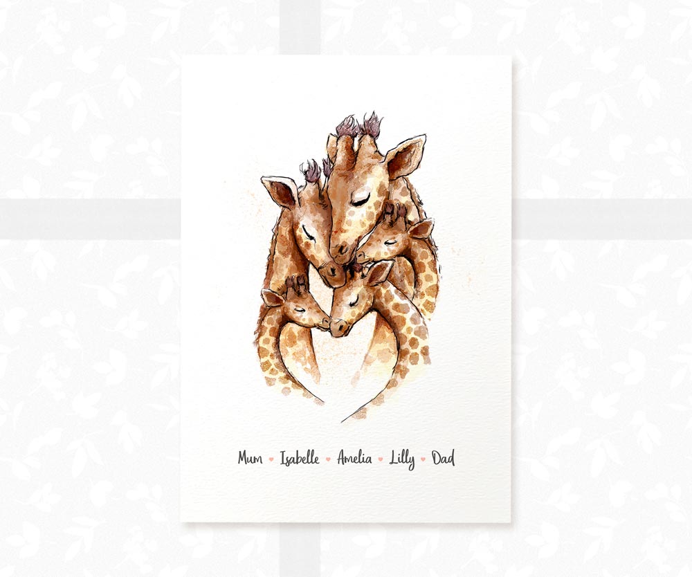 Printed A4 illustration of a giraffe family of 5 personalised with names for a special mothers day present
