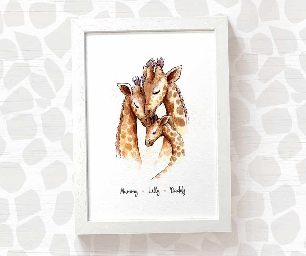 Giraffe family portrait personalised with 3 names displayed in an A4 white wood frame for a thoughful gift for mum