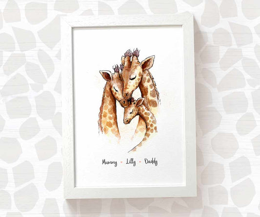 Giraffe family portrait personalised with 3 names displayed in an A4 white wood frame for a thoughful gift for mum