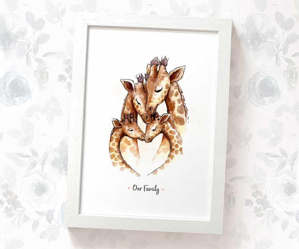 Giraffe family print personalised with message and displayed in an A4 white wood frame for a thoughful gift for mum