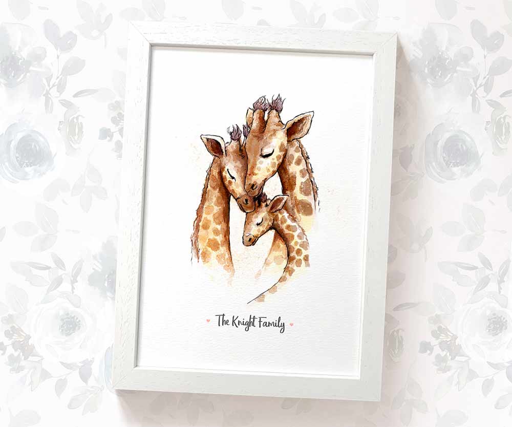 Giraffe family print personalised with message and displayed in an A4 white wood frame for a thoughful gift for mum