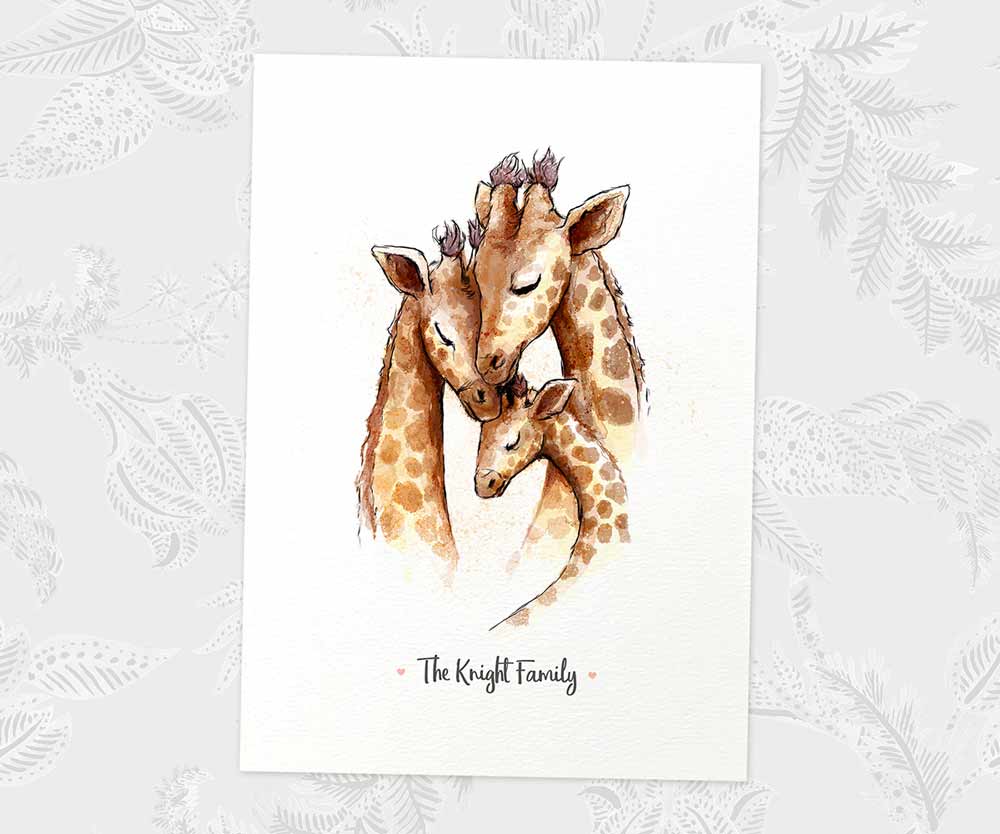 Giraffe family art print personalised with a message for a special mothers day present