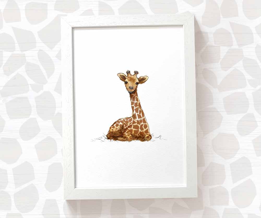 Newborn Baby Shower Gift Safari Nursery Decor Kids Animal Wall Art Giraffe Print First Birthday Framed