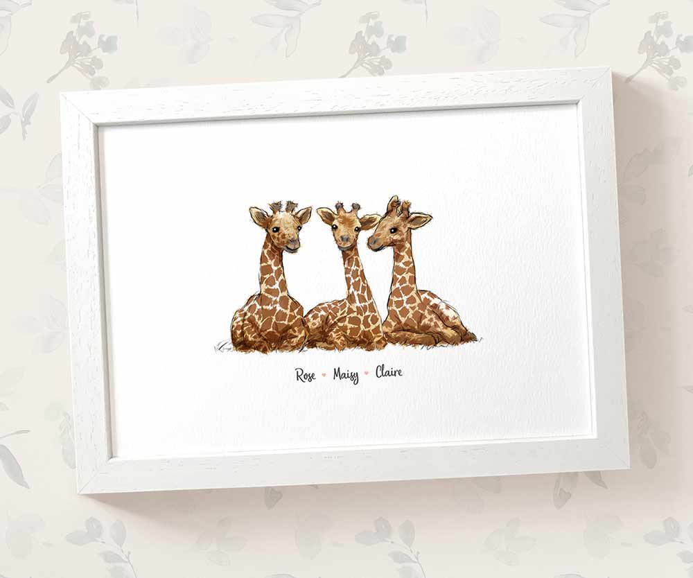 Three baby giraffes framed A3 family print with names for a unique baby shower gift