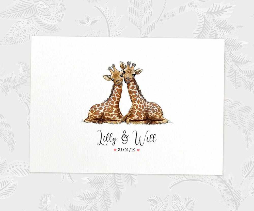 Two Giraffes A4 Unframed Print Customized With Names And Date For A Thoughtful Valentines Day Gift