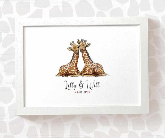 Giraffe Couple A4 Framed Print Personalized With Names And Date For An Exceptional First Anniversary Gift Idea