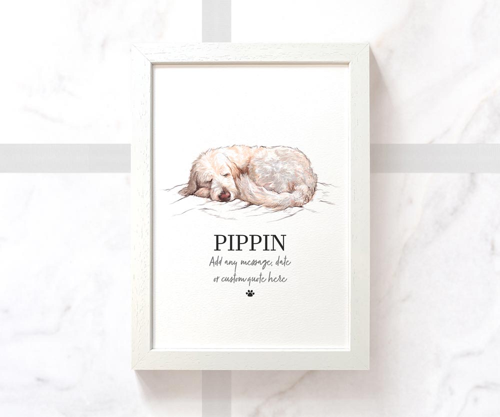 Goldendoodle White Dog Puppy Pet Portrait Memorial Loss Christmas Gift Name Sign Personalised Framed Art Print