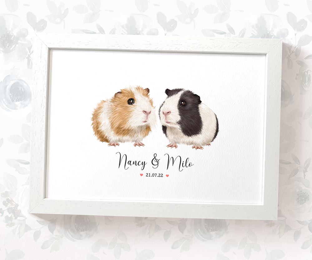 Guinea pig couple framed wedding anniversary art print with personalised names and date