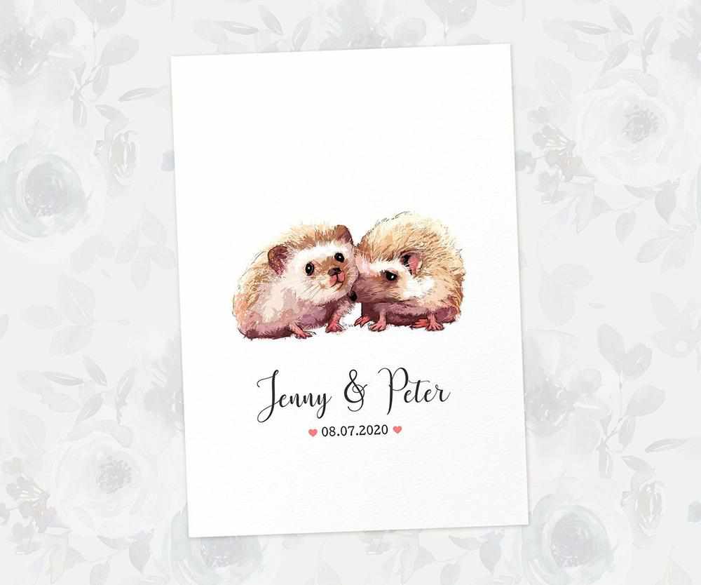 Two Hedgehogs A3 Unframed Art Print Personalized With Names And Date For A Heartwarming Valentines Day Gift