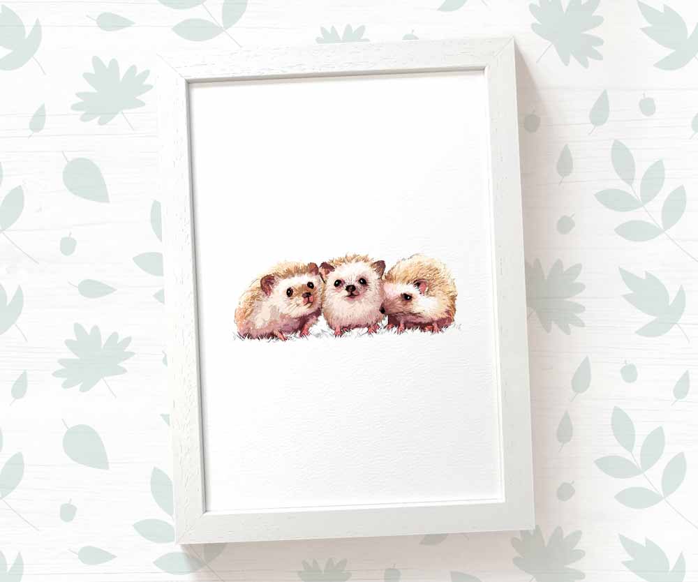 Hedgehogs Woodland Animal Nursery Print for Triplets