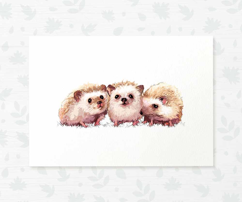 Hedgehogs Woodland Animal Nursery Print for Triplets