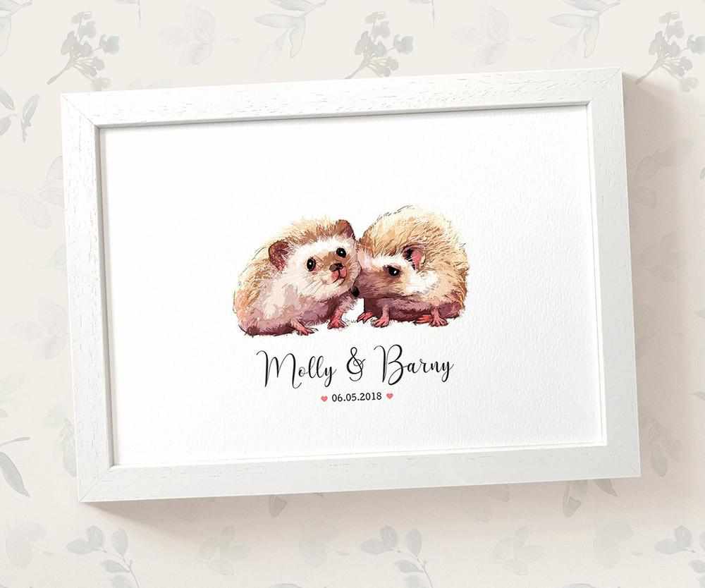 Hedgehog Couple A4 Framed Print Personalized With Names And Date For An Exceptional First Anniversary Gift Idea