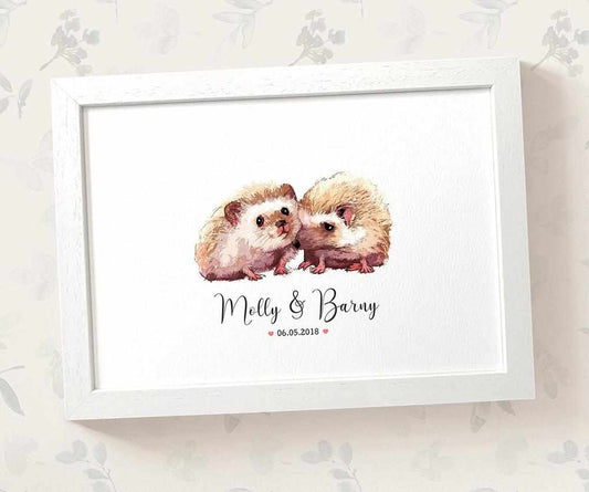 Hedgehog Couple A4 Framed Print Personalized With Names And Date For An Exceptional First Anniversary Gift Idea