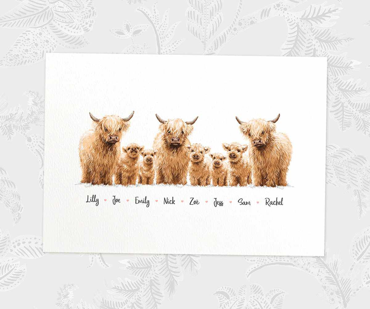 Printed A4 illustration of a highland cow family of 8 personalised with names for a special mothers day present