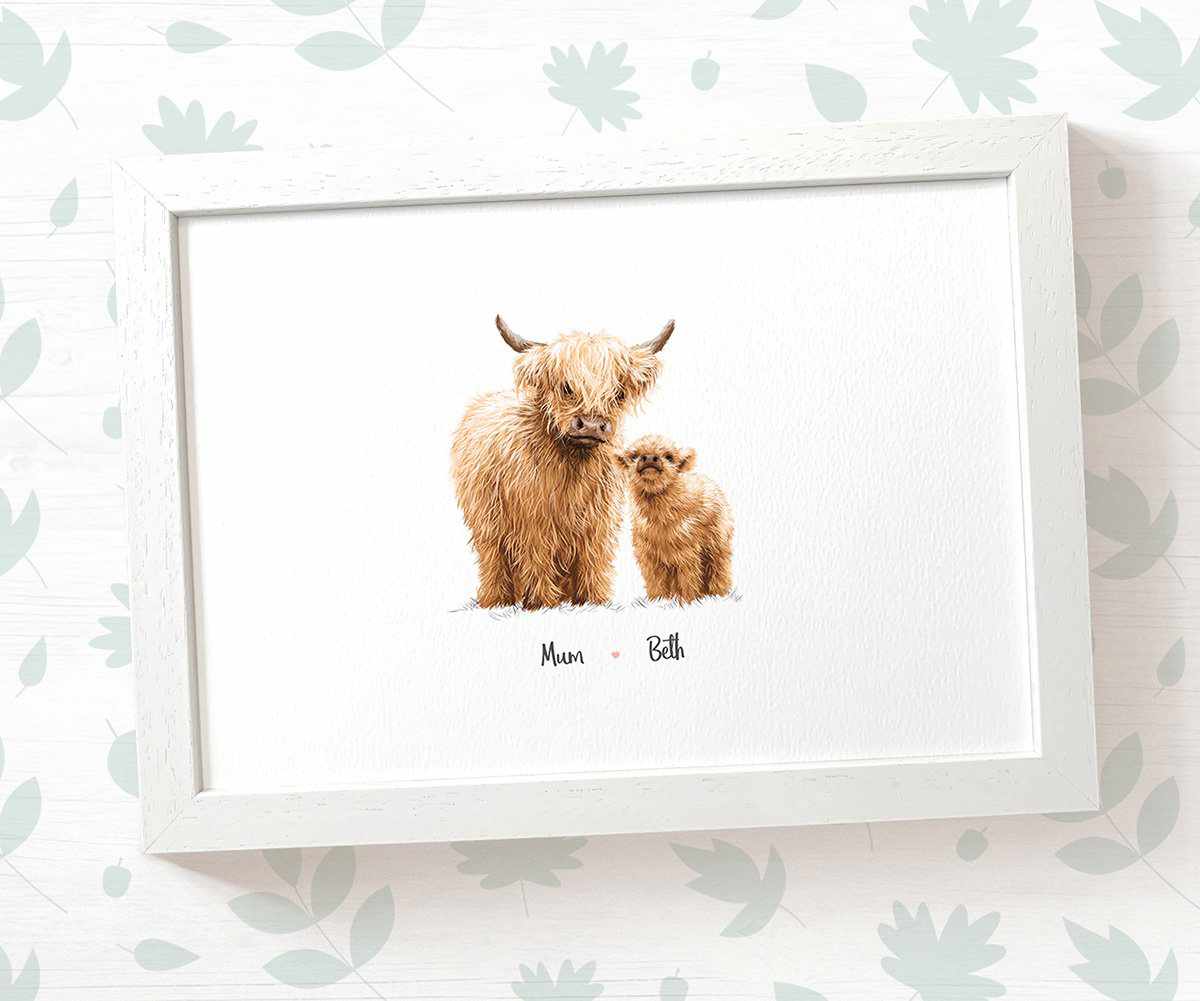 Framed A3 highland cow print featuring a mum and baby with names for the best mothers day gift