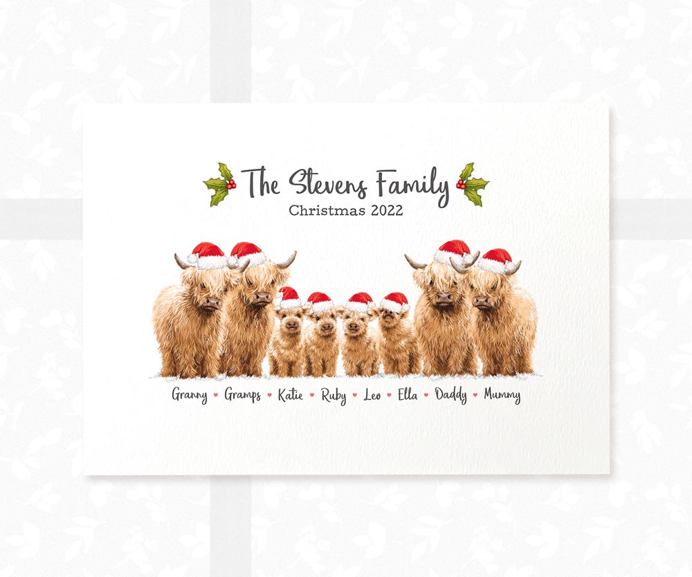 Christmas 2022 Party Decoration Family Portrait Personalised Name Keepsake Festive Highland Cow Santa Hat Mistletoe Print