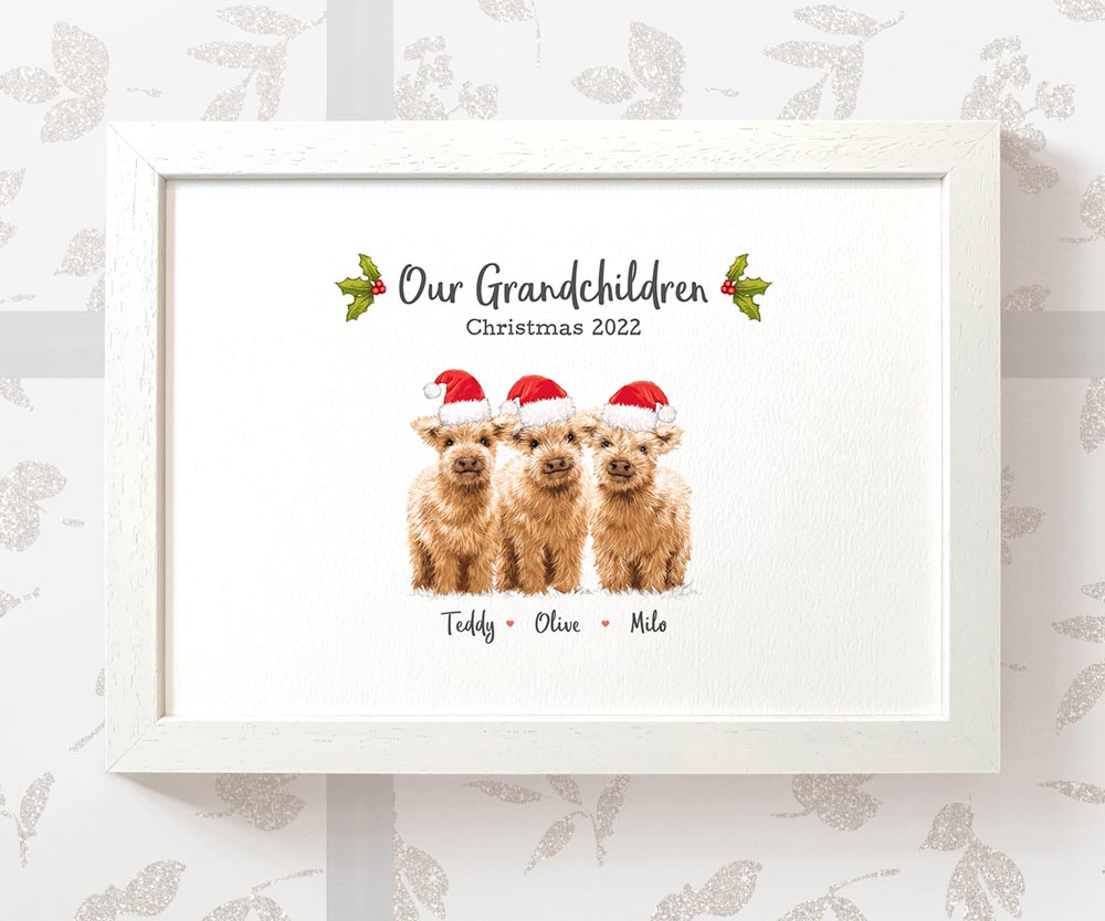 Babys First Christmas Gift Highland Cow Family Portrait Scottish Personalised Decoration Names Print Frame A4 A3