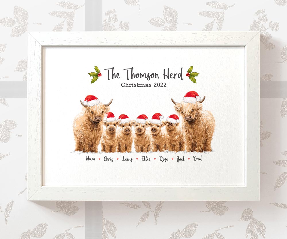 Highland Cow Family Christmas Personalised Decoration Names Portrait Grandparents Grandma Grandad Gift Ideas From Grandchildren Frame