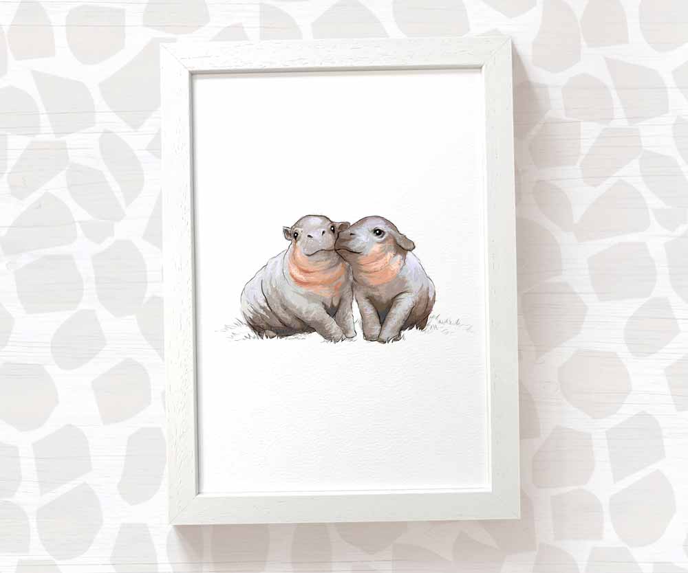 Newborn Baby Shower Gift Safari Nursery Decor Kids Animal Wall Art Hippo Print First Birthday Framed