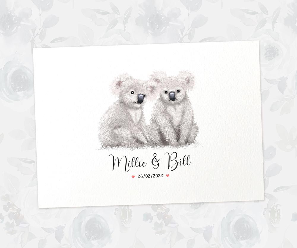 Two Koalas A4 Unframed Print Customized With Names And Date For A Thoughtful Valentines Day Gift
