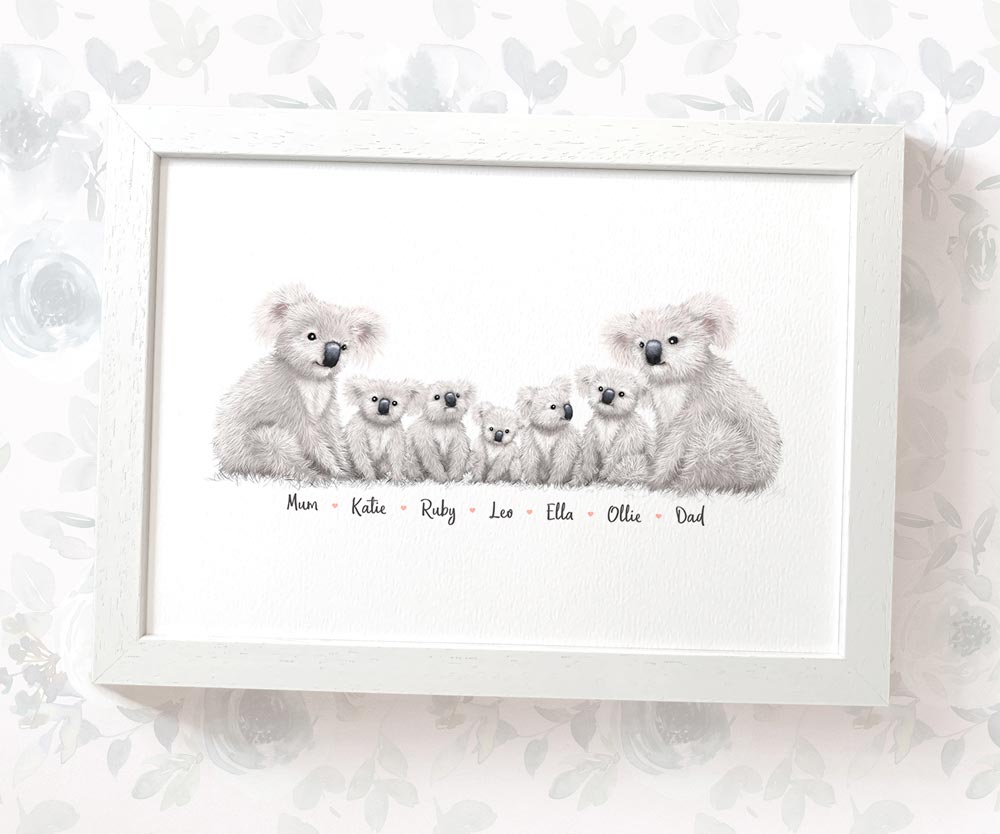 Koala family of 7 portrait personalised with names displayed in an A4 white wood frame for a thoughful gift for dad