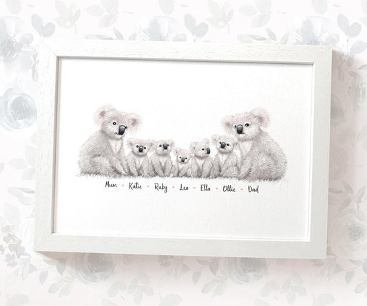 Koala family of 7 portrait personalised with names displayed in an A4 white wood frame for a thoughful gift for dad
