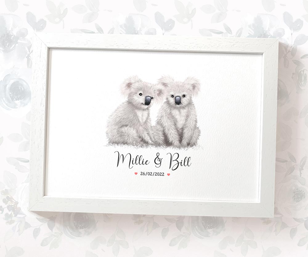 Koala Couple A4 Framed Print Personalized With Names And Date For An Exceptional First Anniversary Gift Idea