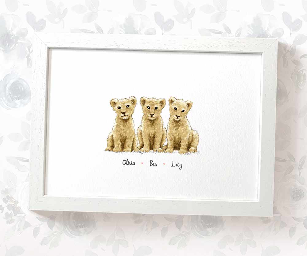 Three baby lions A3 family print with names beneath for a unique baby shower gift