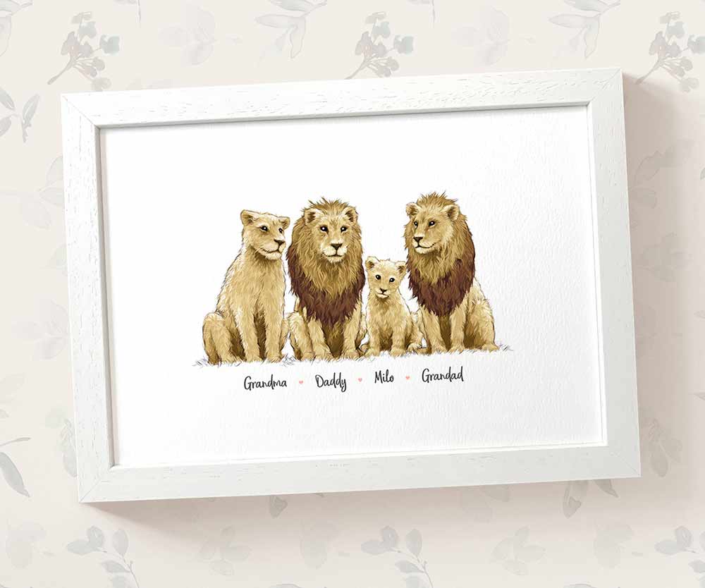 Lion family portrait featuring grandma and grandad with grandchildren and personalised names for the best grandparent gift