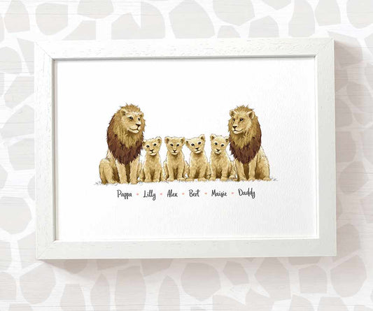 Lion family portrait personalised with names displayed in an A4 white wood frame for a thoughful gift for dad