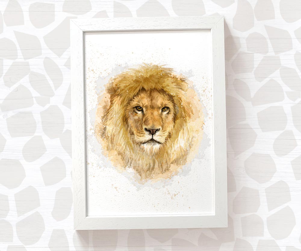 Newborn Baby Shower Gift Safari Nursery Decor Kids Animal Wall Art Lion Print First Birthday Framed