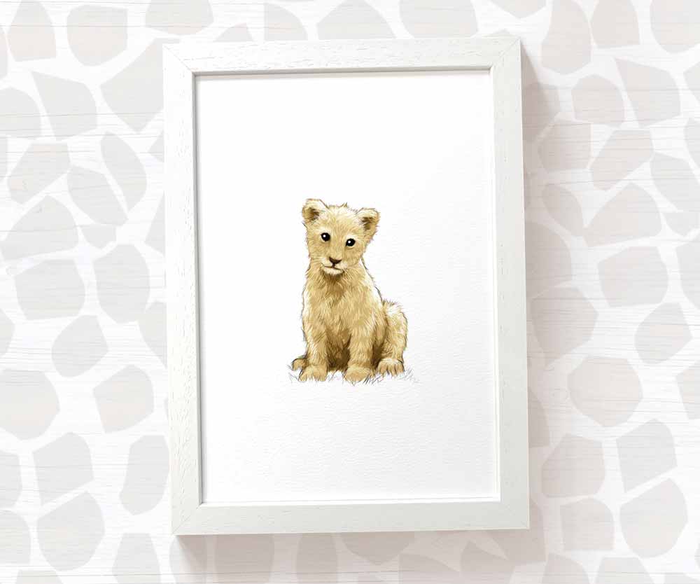 Newborn Baby Shower Gift Safari Nursery Decor Kids Animal Wall Art Lion Print First Birthday Framed