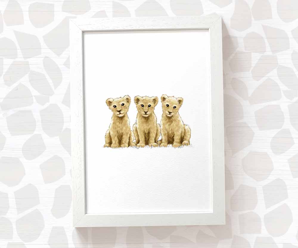 Newborn Baby Shower Gift Safari Nursery Decor Kids Animal Wall Art Lion Print First Birthday Framed