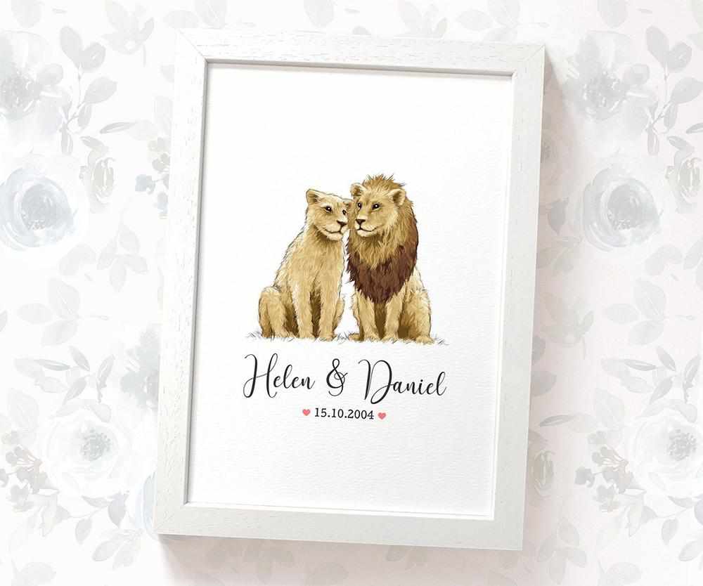 Personalized Lion Couple A4 Framed Print Featuring Names and Date For A Special First Anniversary Gift