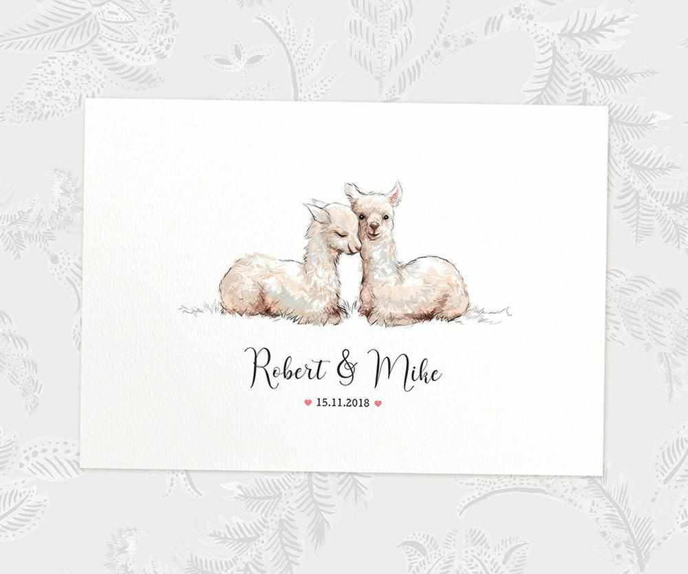 Two Llamas A4 Unframed Print Customized With Names And Date For A Thoughtful Valentines Day Gift