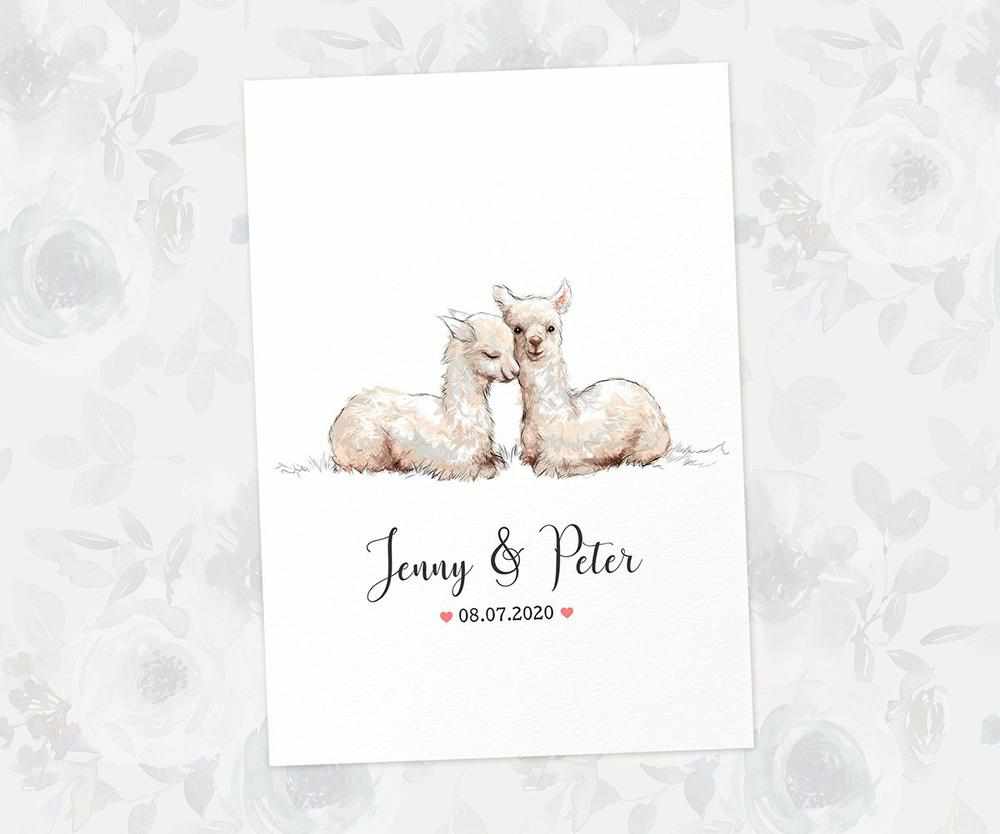 Two Llamas A3 Unframed Art Print Personalized With Names And Date For A Heartwarming Valentines Day Gift